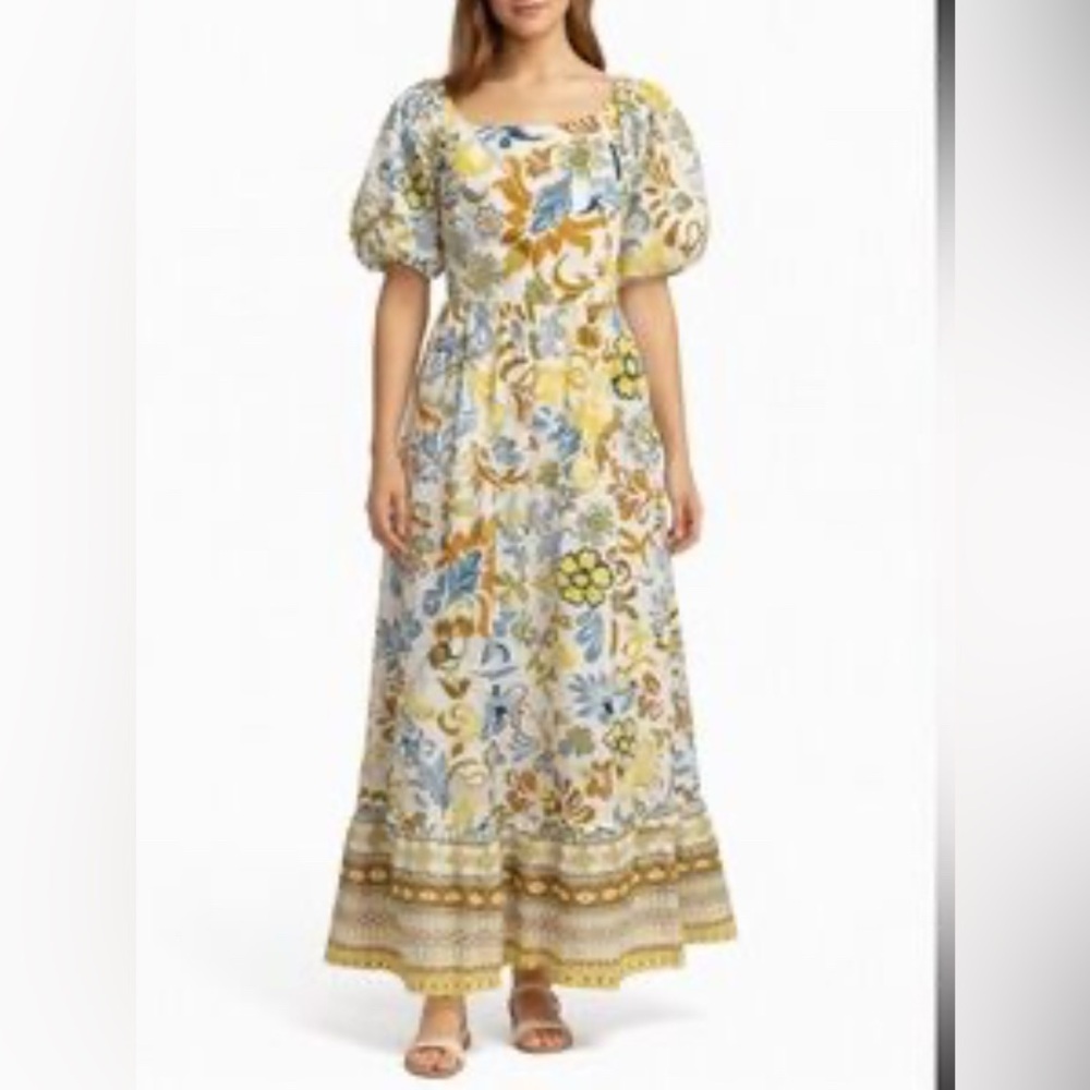 NWT LÉA Elegant Floral Maxi Dress with Puff Sleeves 100% Cotton Multicolor 3XL